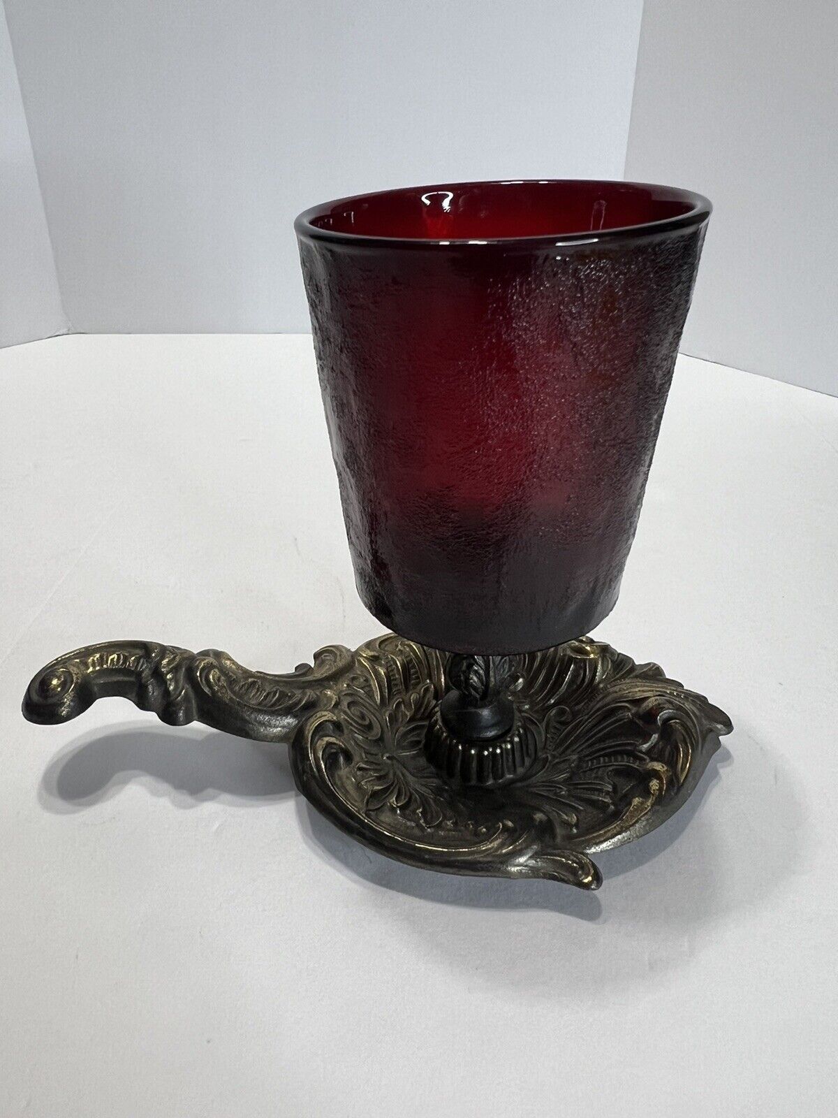 Vtg. 1970 GIM Casted Metal/ Textured Red Glass Candle Holder