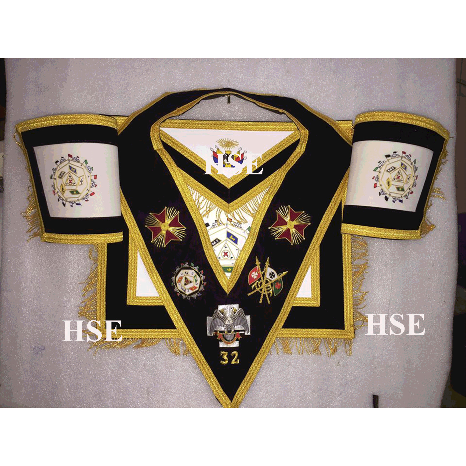 SCOTTISH RITE 32ND DEGREE APRON WITH EMBROIDERY COLLAR & CUFF'S BLACK-HSE