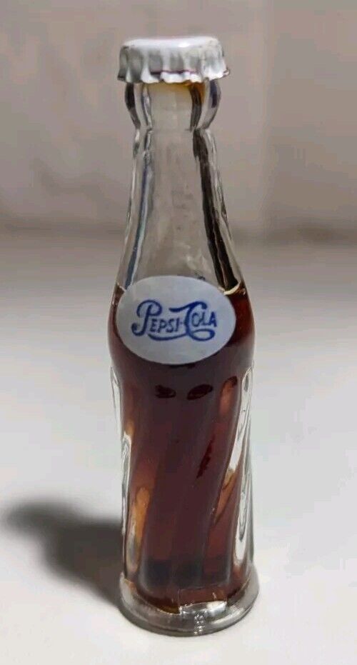 Vintage Pepsi Cola Soda Mini 3” Glass Bottle Sealed with Metal Cap
