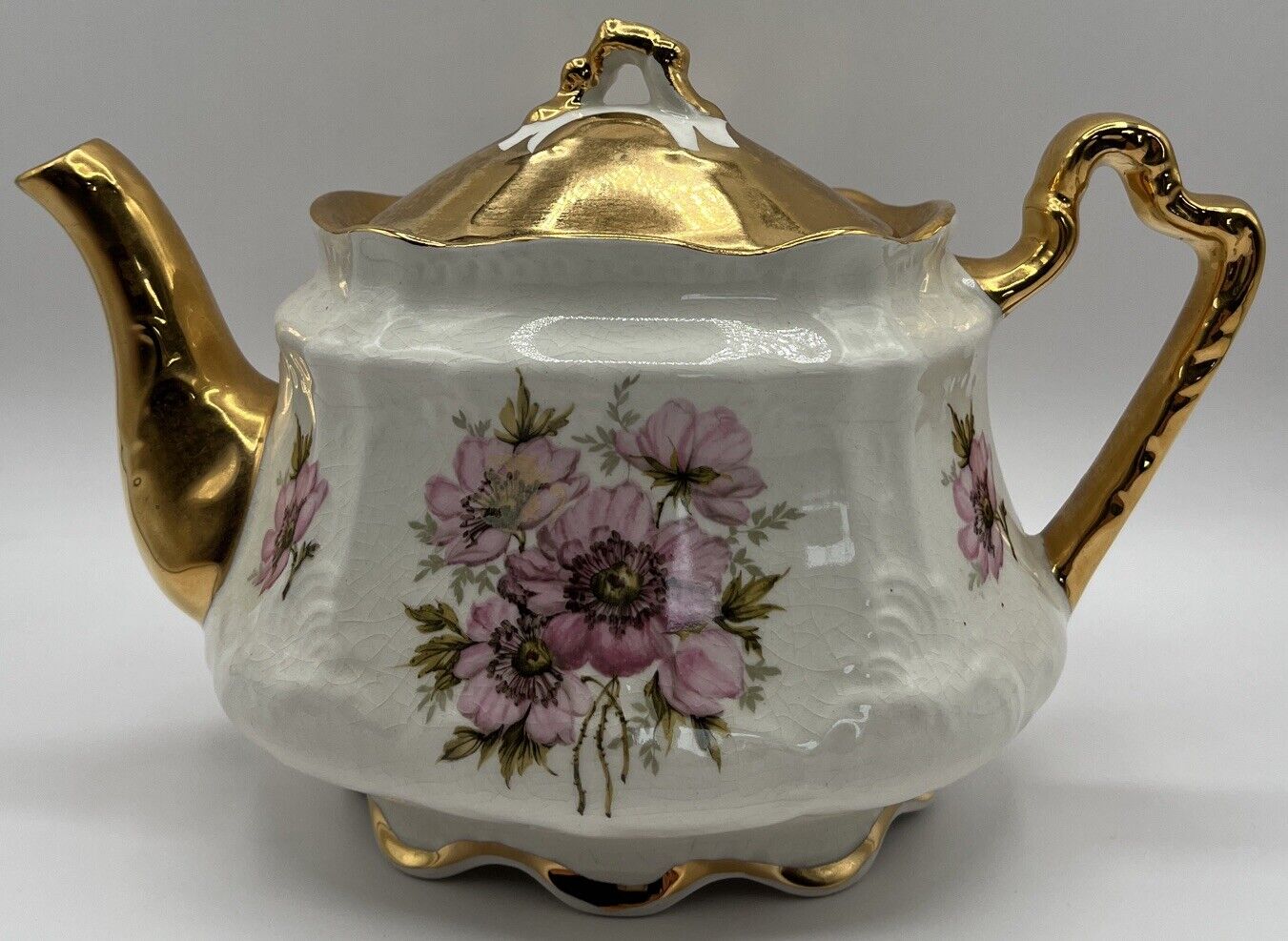 Vintage Arthur Wood White & Gold-Tone Floral-Themed Glazed Ceramic Teapot