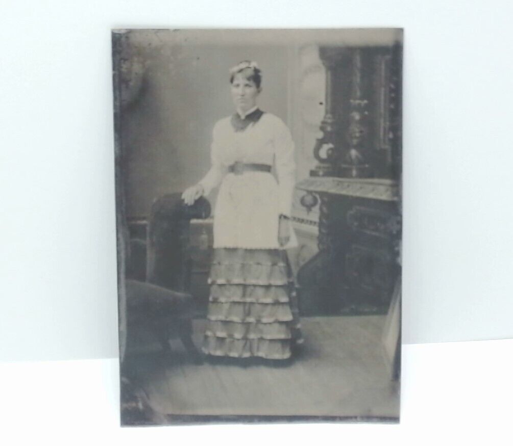 Antique Tintype Photo Stoic Woman Tinted Cheeks