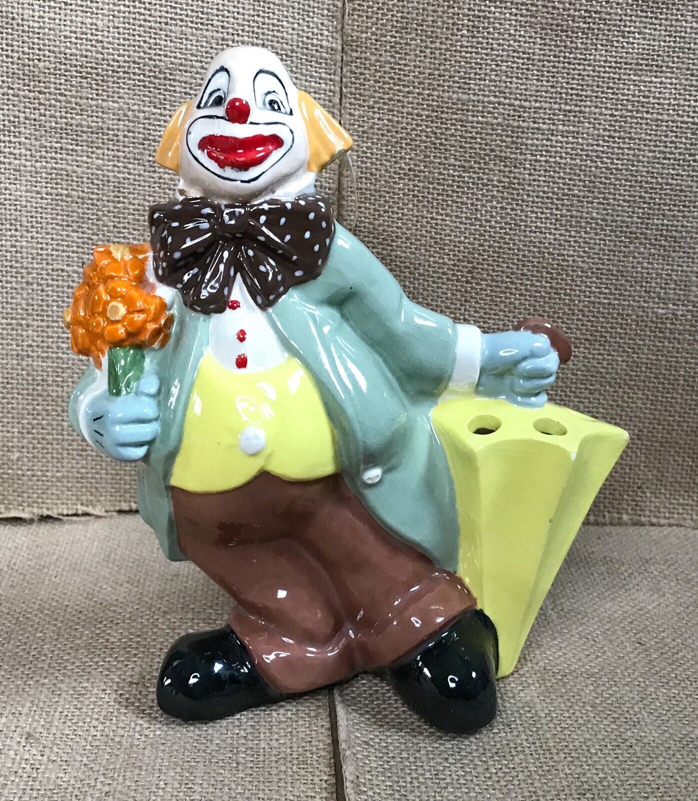 Rare Vintage Ceramic Whimsical Clown Holding Umbrella Flower Frog