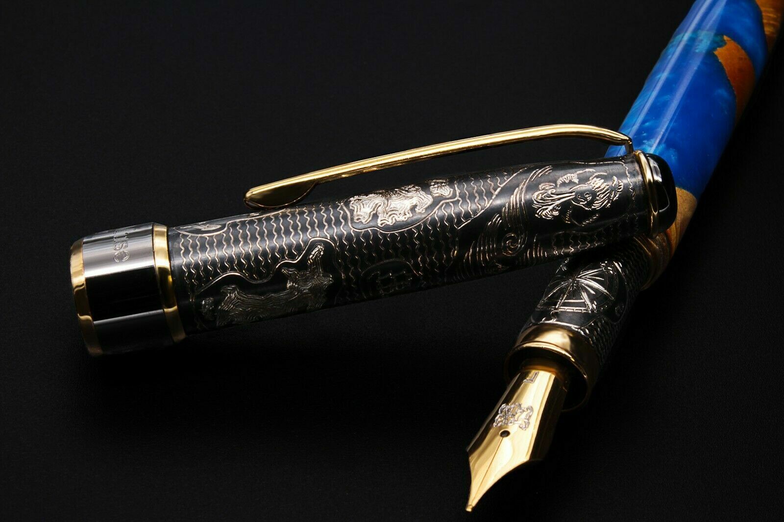 Unknown Land Stylo 925 Silver Wood & Resin Fine Bock Nib Blue Ink Numbered
