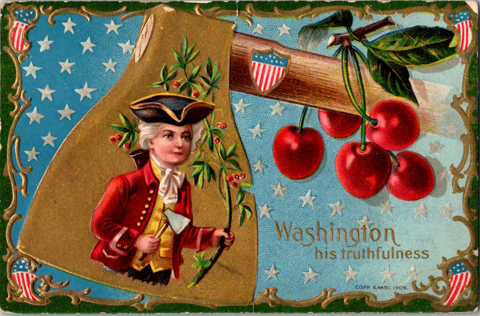 C. 1910 Winsch George Washington His Truthfulness Embossed Axe Cherry Postcard 