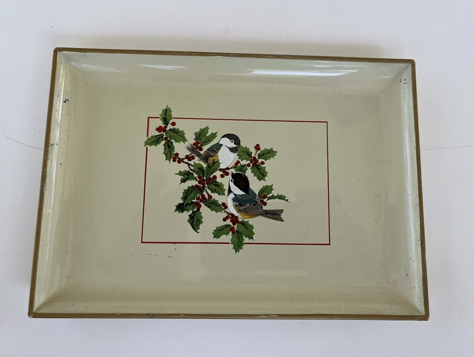 VTG Otagiri Japan Small Beige Lacquered Tray Chickadees and Holly 8.25\