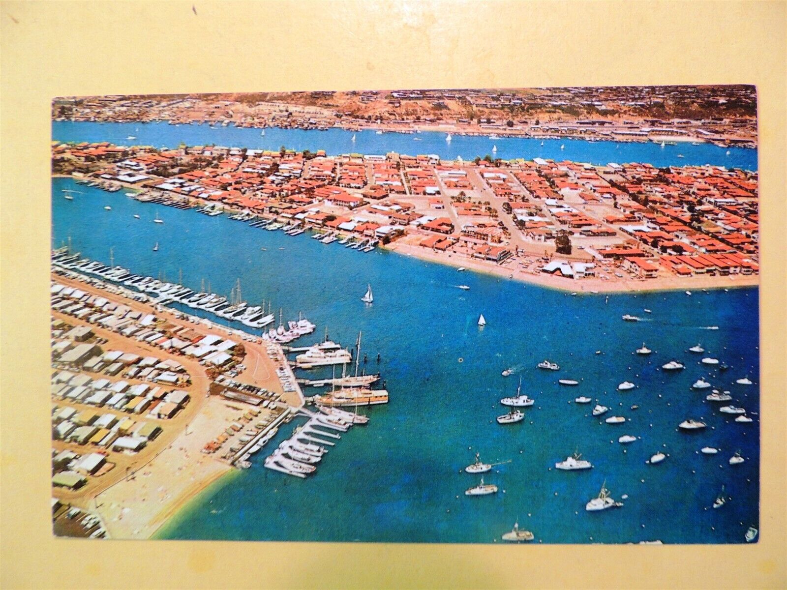Lido Isle California vintage postcard aerial view of Newport Harbor