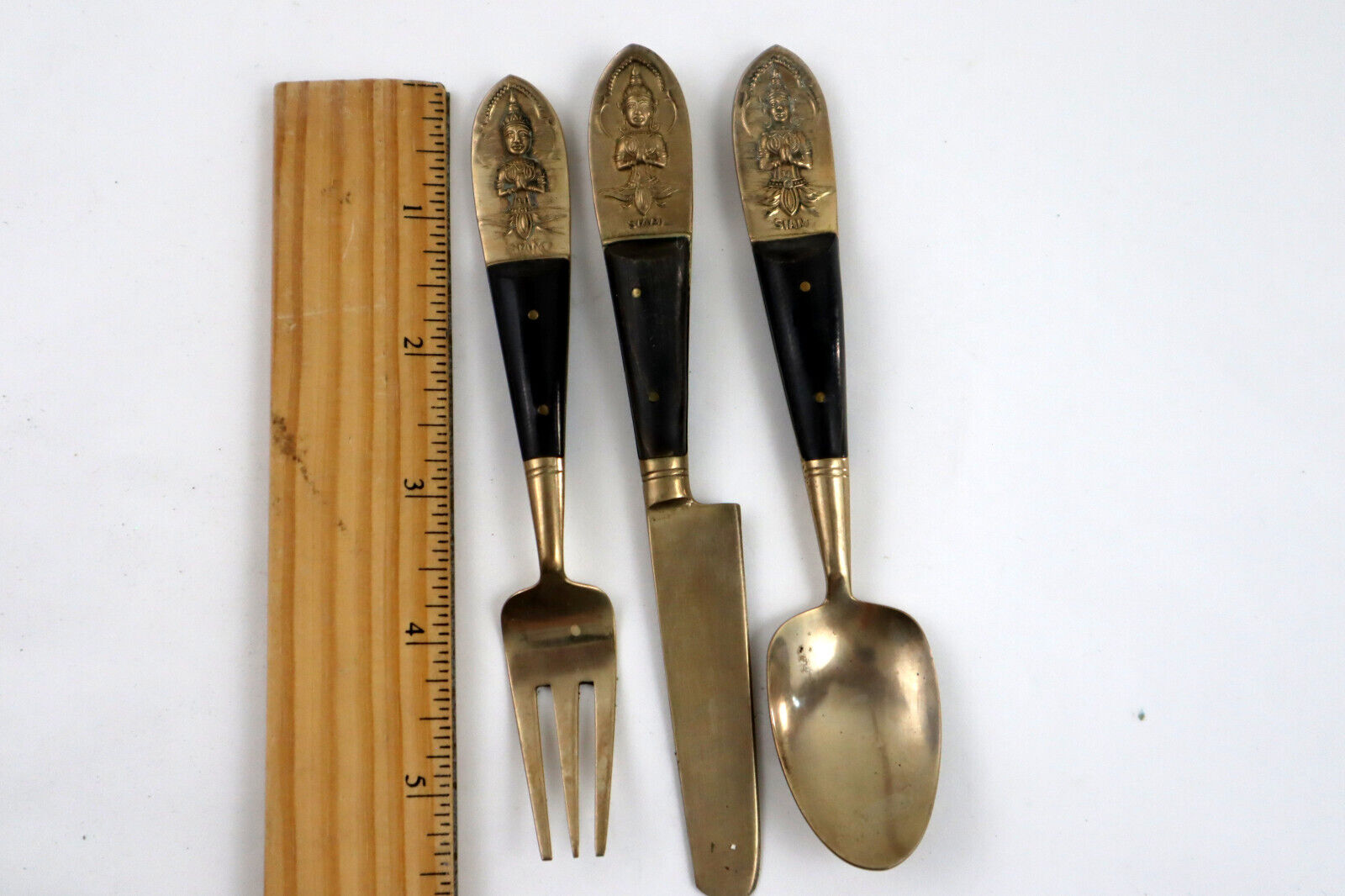 Vintage Antique Buddha Siam Brass Teak Wood Flatware 3pc Set - Fork,Spoon,Knife