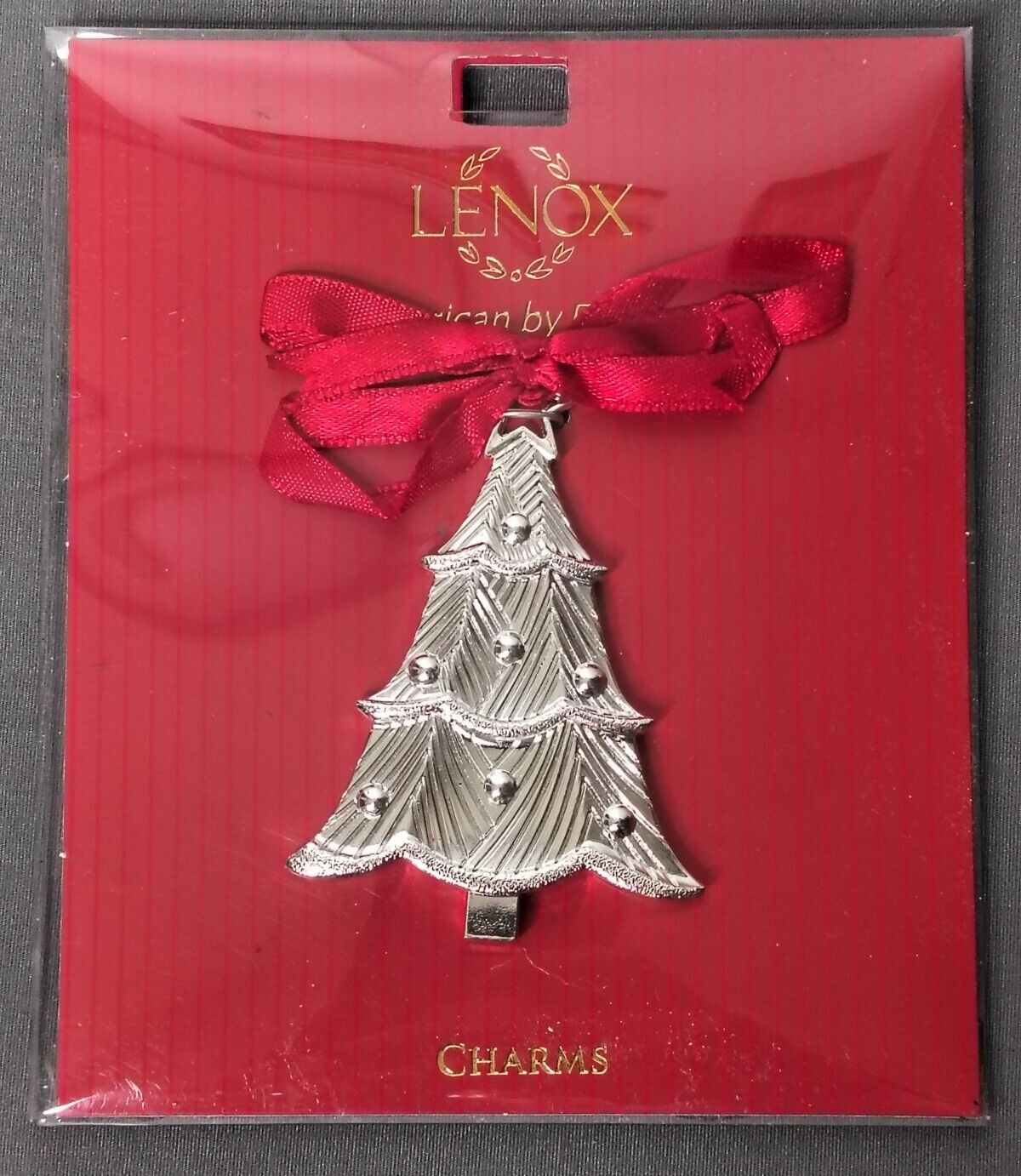 Lenox Christmas Tree Charm - Silver Plated W/ Red Ribbon 2.75” - New In Package