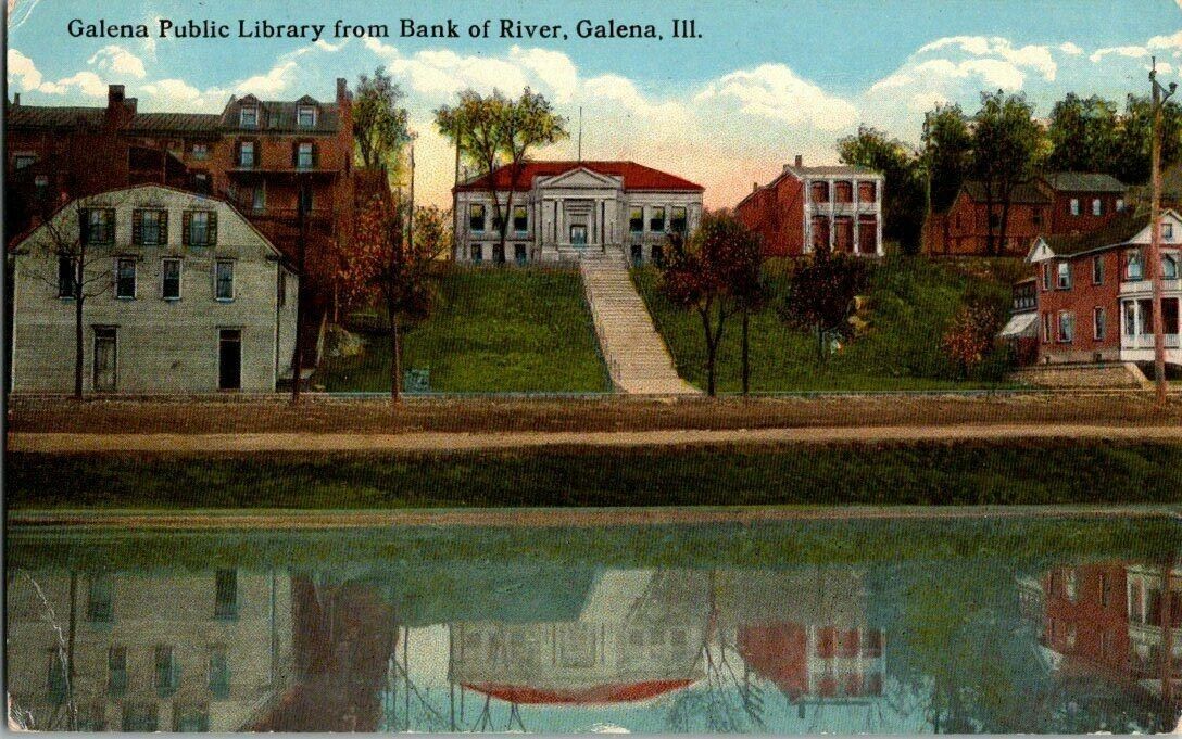 EARLY 1900\'S. GALENA PUBLIC LIBRARY FROM BANK OF RIVER. GALENA, ILL POSTCARD r8