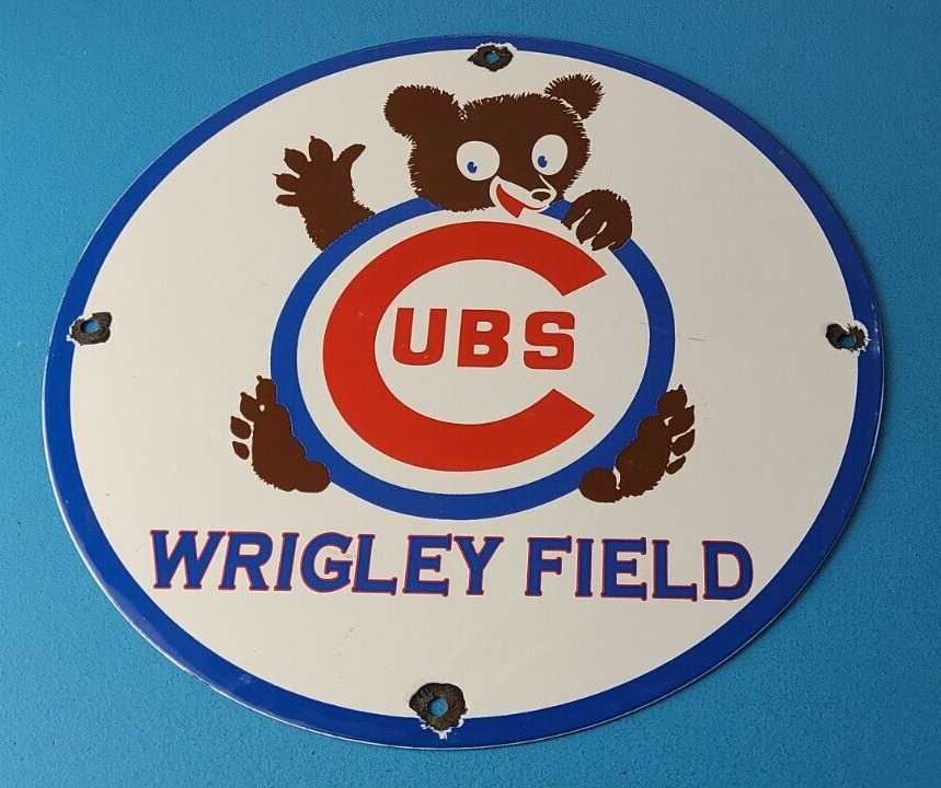 Vintage Cubs Wrigley Field Sign - MLB Baseball Stadium Porcelain Gas Pump Sign