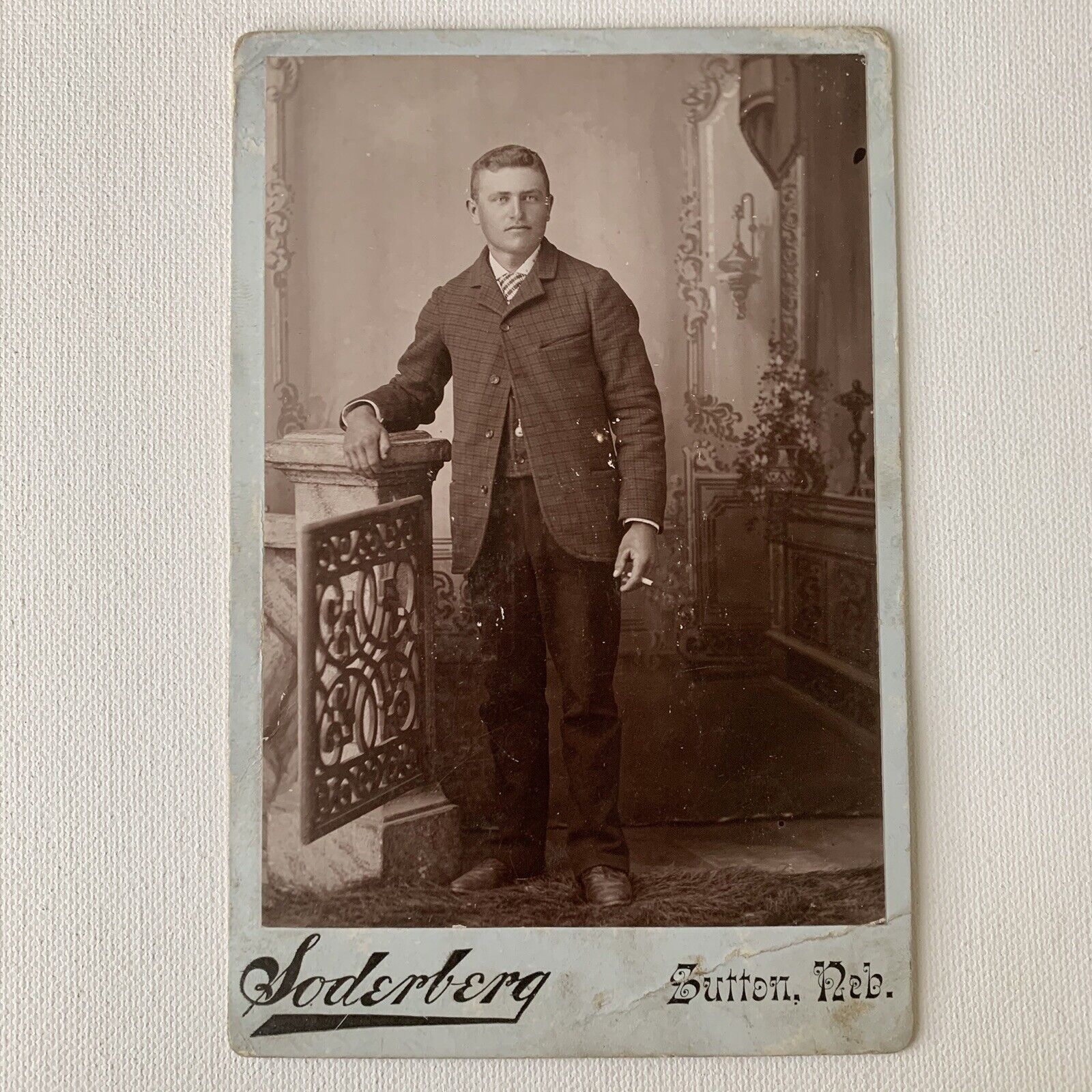 Antique Cabinet Card Photography Handsome Young Man Cigarette Sutton, Nebraska