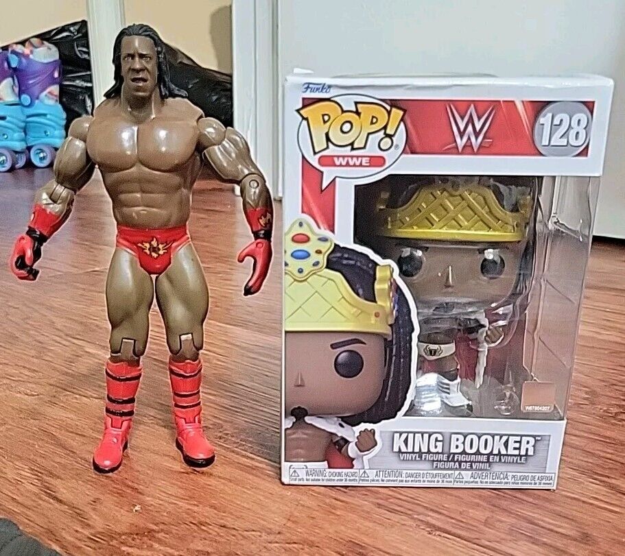 Funko POP: WWE King Booker (T) #128 + 2003 Jakks wrestling action figure COMBO 