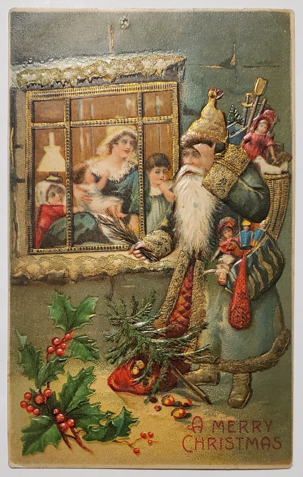 Santa Father Christmas Blue Robe Peeks Through Window Gilded 1907 Postcard Q26