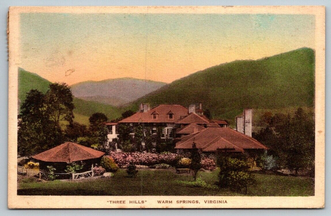 Hand Colored   Three Hills  Warm Springs   Virginia  Postcard  1936