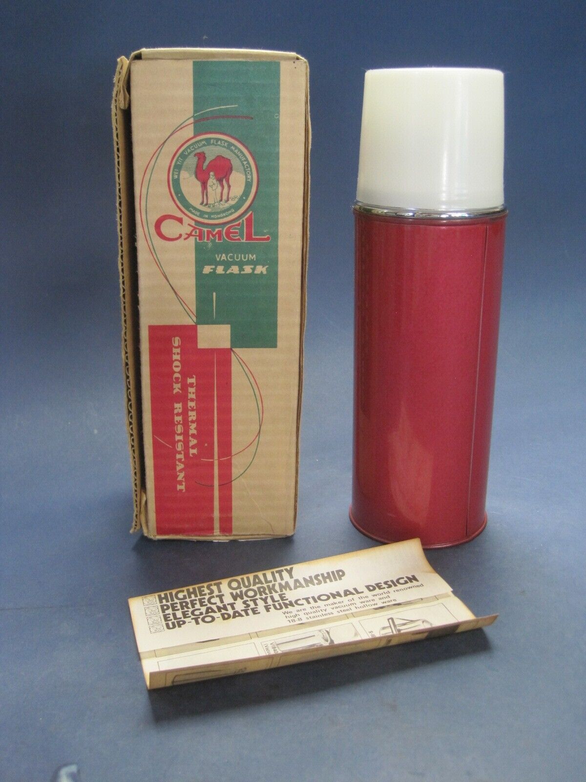 VINT NOS CAMEL Thermal Shock Resistant Vacuum Flask w Box & Papers XLT Condition