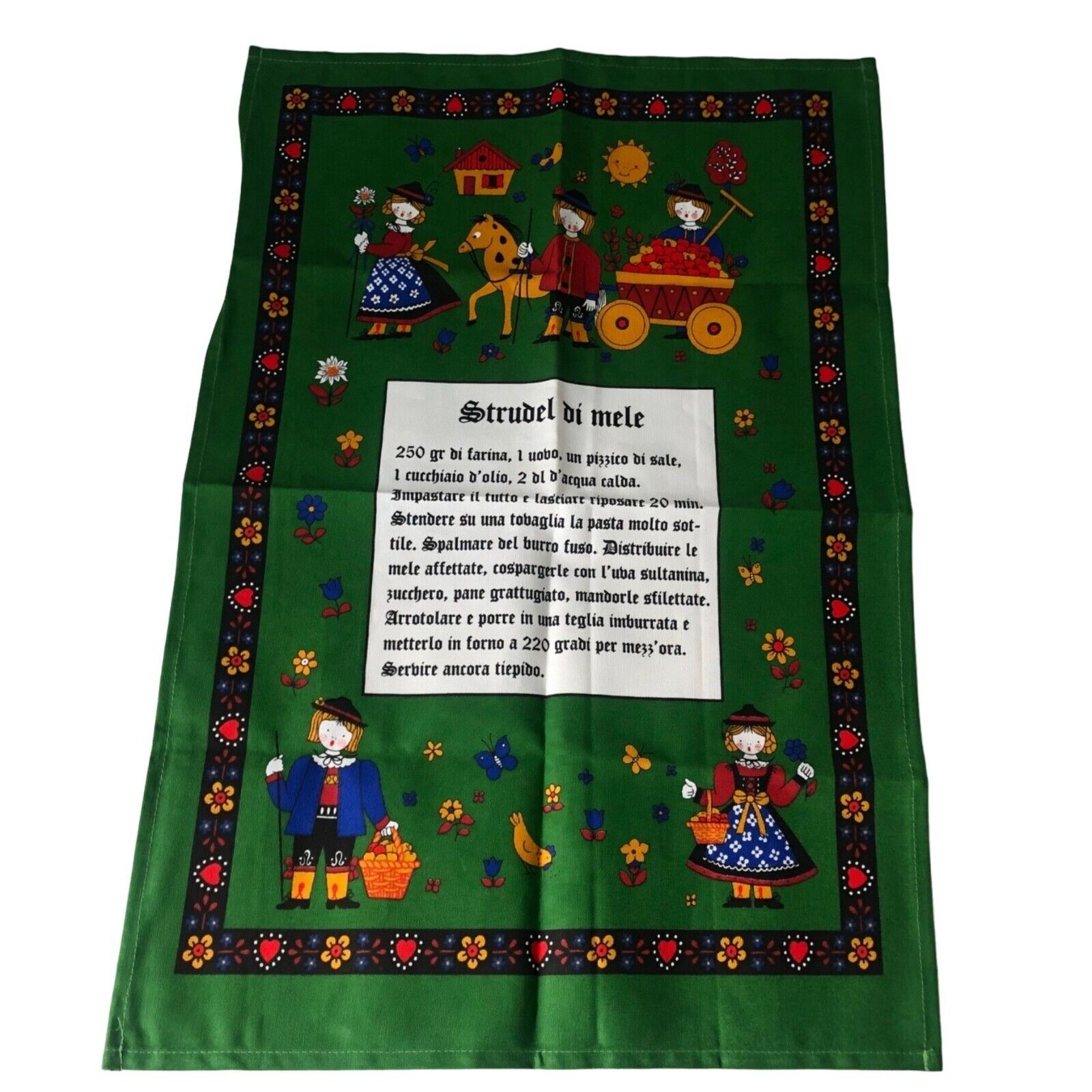 German Folk Art Tea Towel Cotton + Recipe for Strudle 18x27 Green New Made in EU
