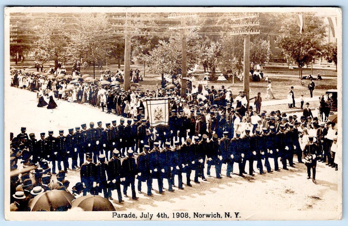 1908 RPPC 4th OF JULY PARADE NORWICH NEW YORK PATRIOTIC*MILITARY*CROWD SCENE