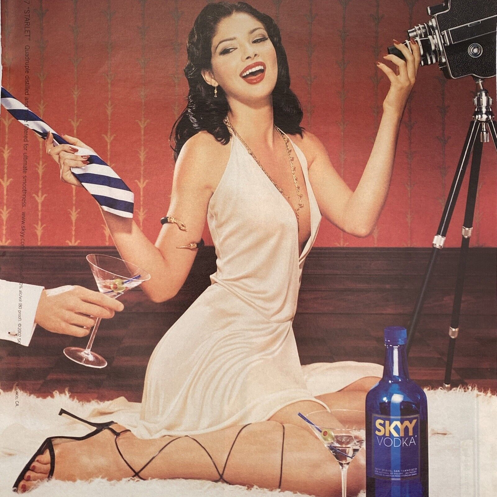 2002 Skyy Vodka Print Ad Sexy Girl Starlet on Rug Long Legs High Heel Pin Up Art