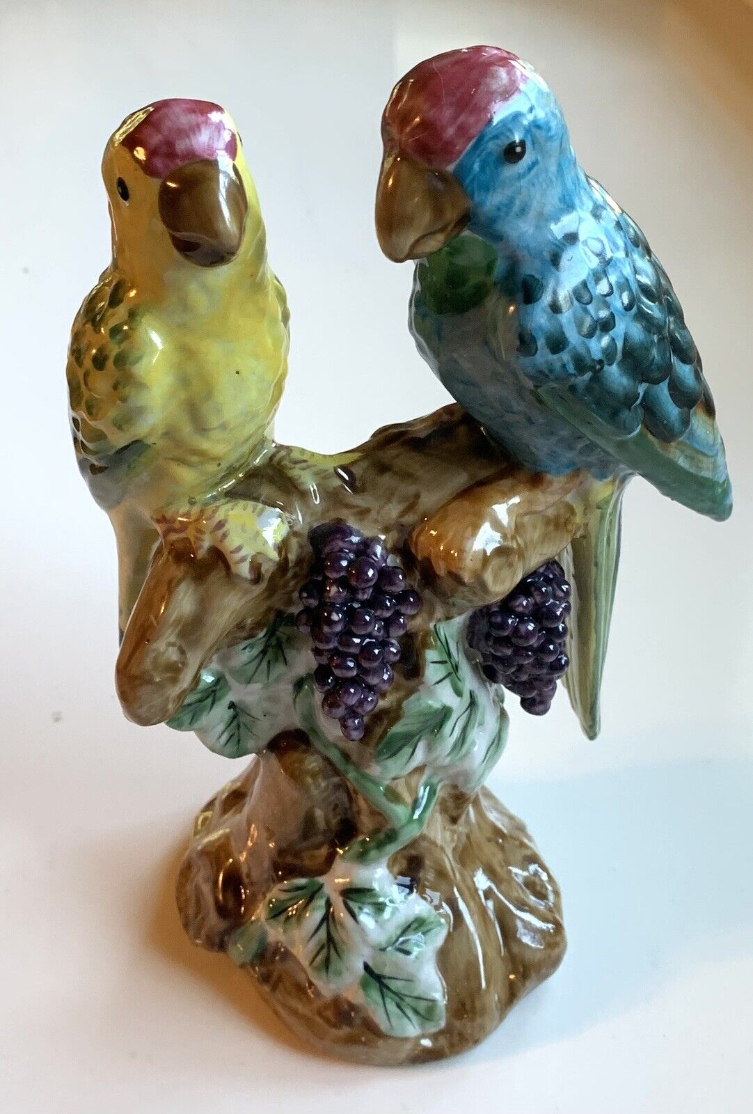 Vintage Majolica Porcelain Parrots Figurine Green Blue Colorful Bird Statue 9”