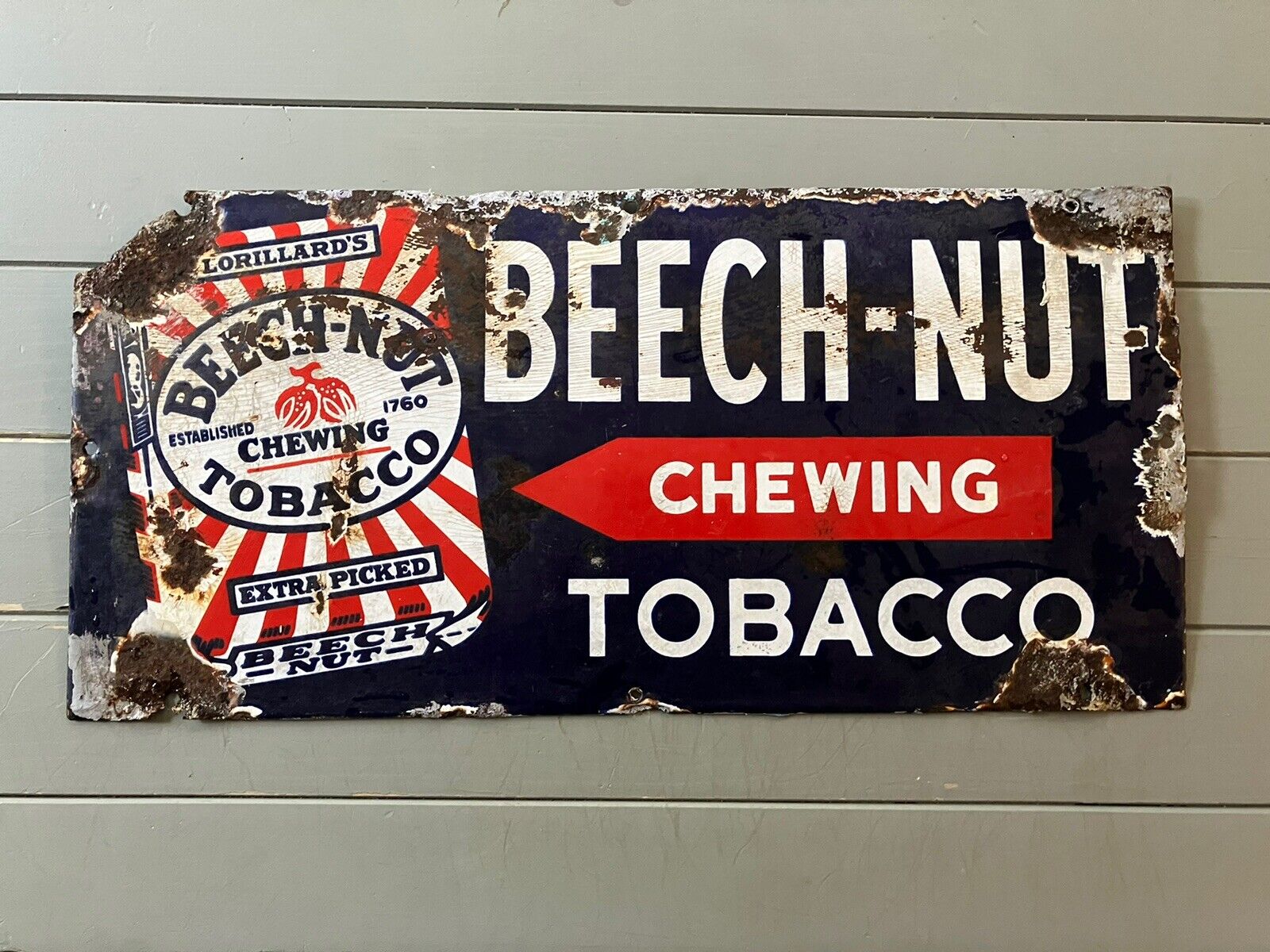 EARLY ANTIQUE BEECH-NUT CHEWING TOBACCO PORCELAIN SIGN ADVERTISING 22x10.5” #46
