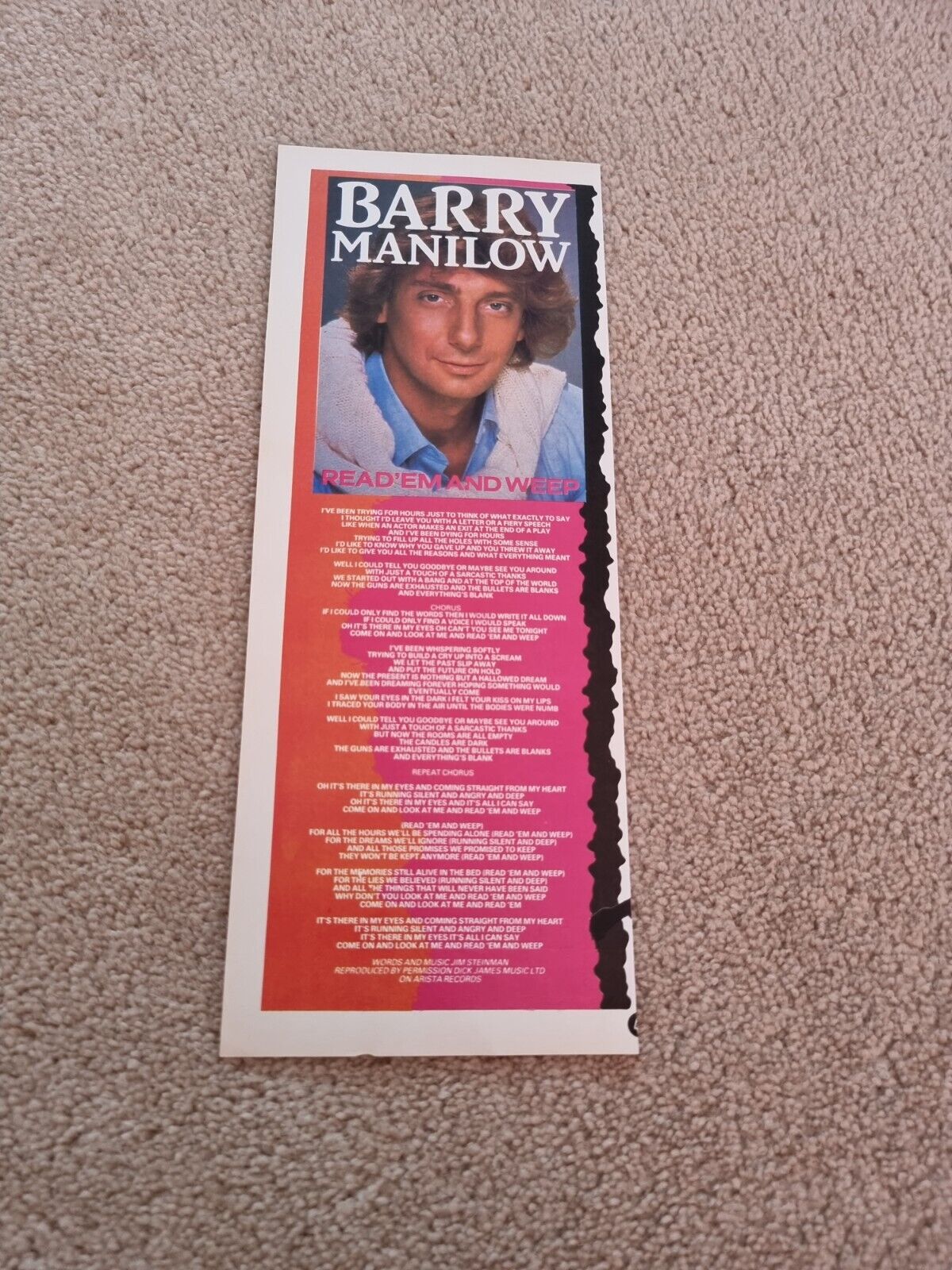 TNEWL70 ADVERT 11X4 BARRY MANILOW : \'READ \'EM AND WEEP\' SONG WORDS