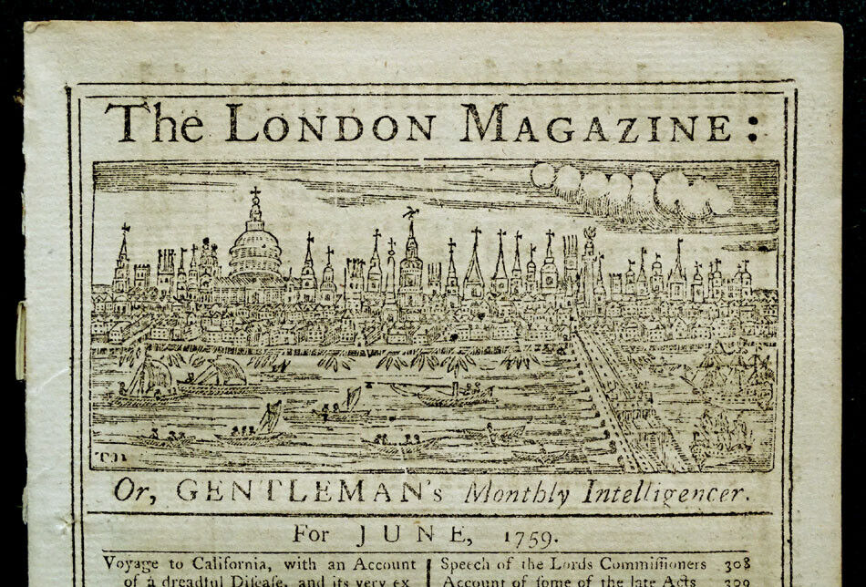 1759 LONDON MAGAZINE Antique History VIZCAINO CALIFORNIA VOYAGE / GUADELOUPE MAP