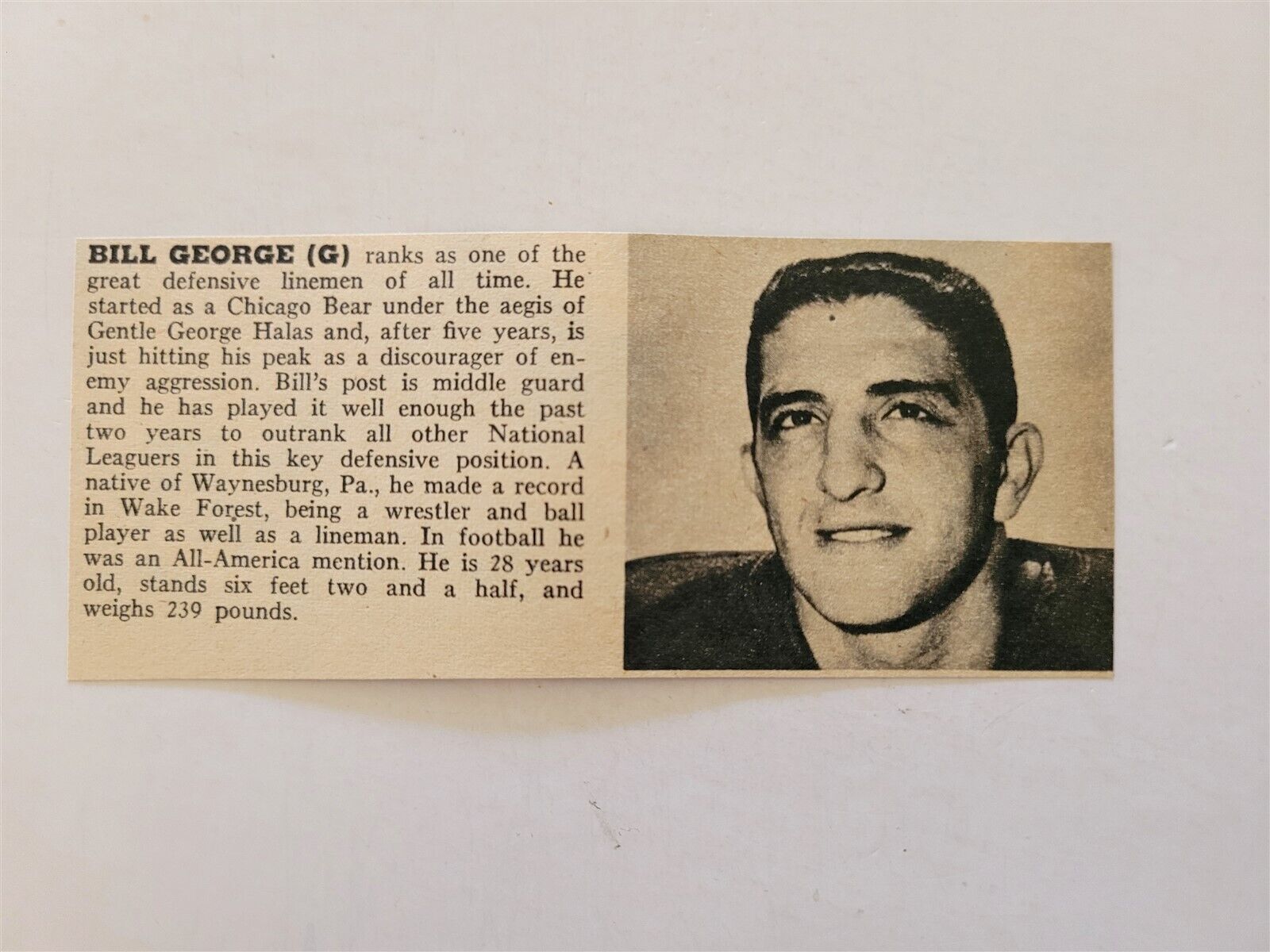 Bill George Chicago Bears 1957 Football SWYB Player Panel