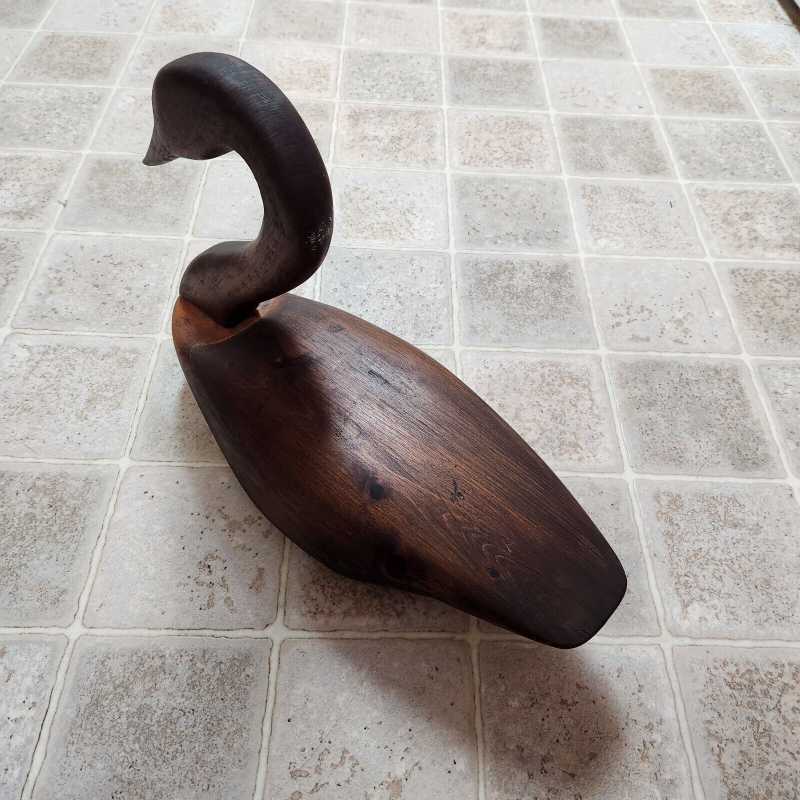 Vintage Hand Carved Stained Wooden Goose Folk Art Swan Signed by Artist ROUX 