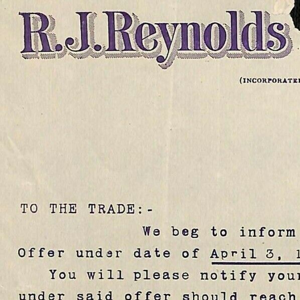 1901 Scarce Letterhead R.J. Reynolds Tobacco Co. Winston-Salem, NC - E. Baker*