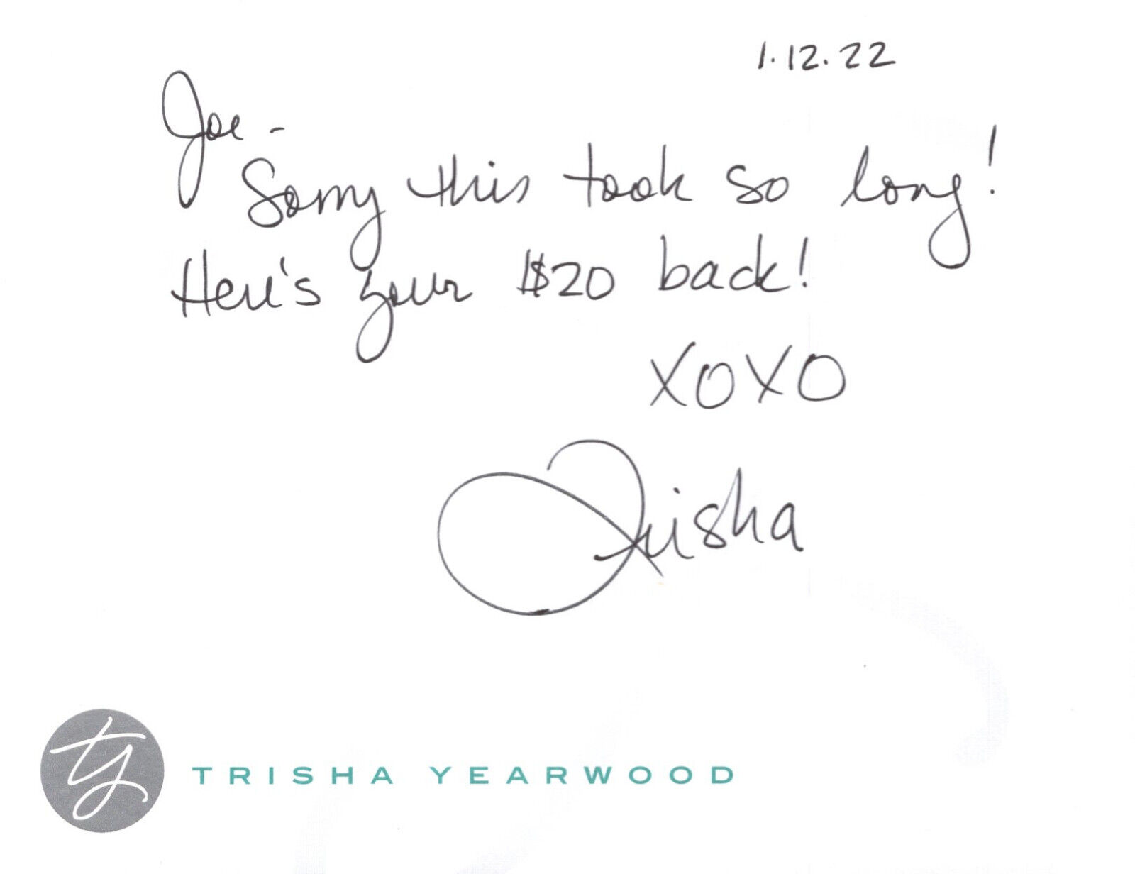 TRISHA YEARWOOD SIGNED NOTE ON HER OWN 4x5 NOTECARD+COA       COUNTRY SINGER