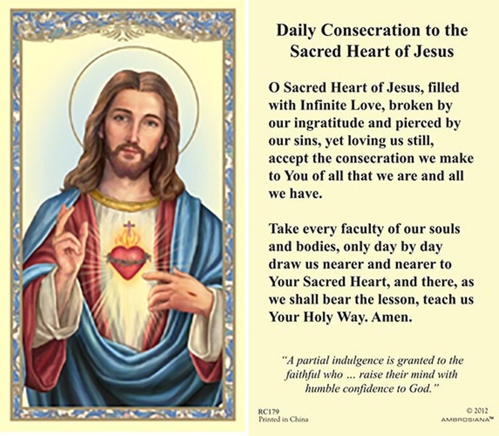 Daily Consecration to the Sacred Heart of Jesus Holy Prayer Card - Set of 2