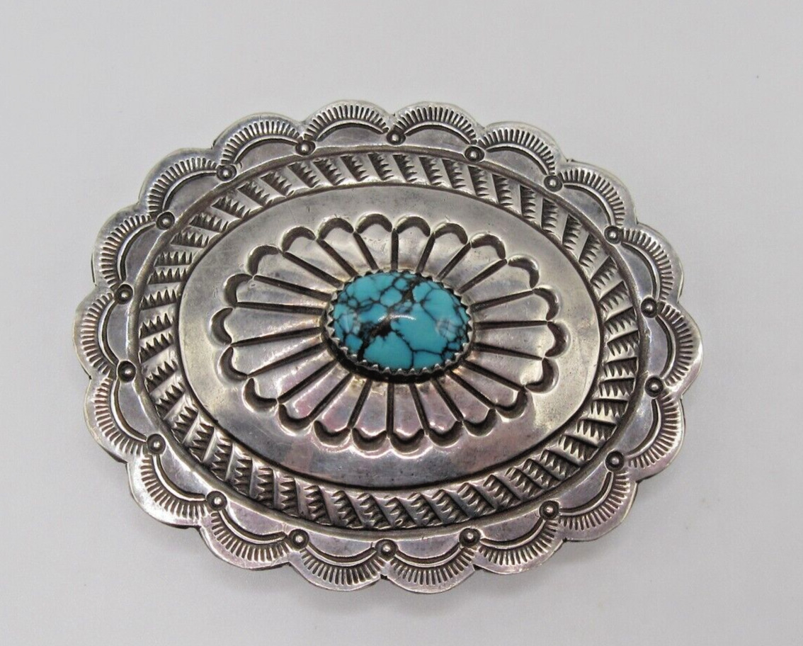 Vintage Sterling Turquoise Stamped Concho Belt Buckle Signed AB Southwest A761
