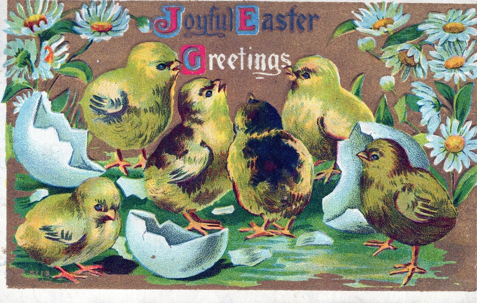 Easter Greetings & Wishes Embossed Postcard Baby Chicks Flowers