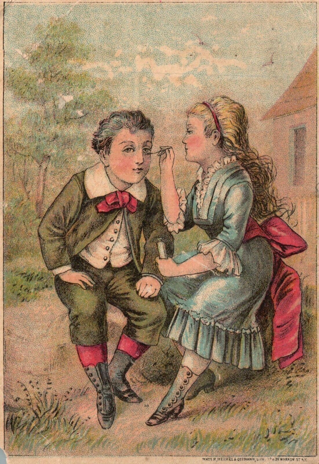 1880s-90s Dr. Issac Thompson\'s Eye Water Troy Trade Card Girl Cleaning Boys Eye