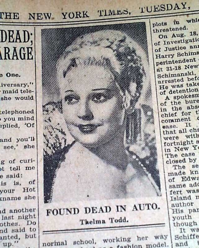 Actress THELMA TODD Hollywood Film Death SUICIDE ? Accident ? 1935 old Newspaper