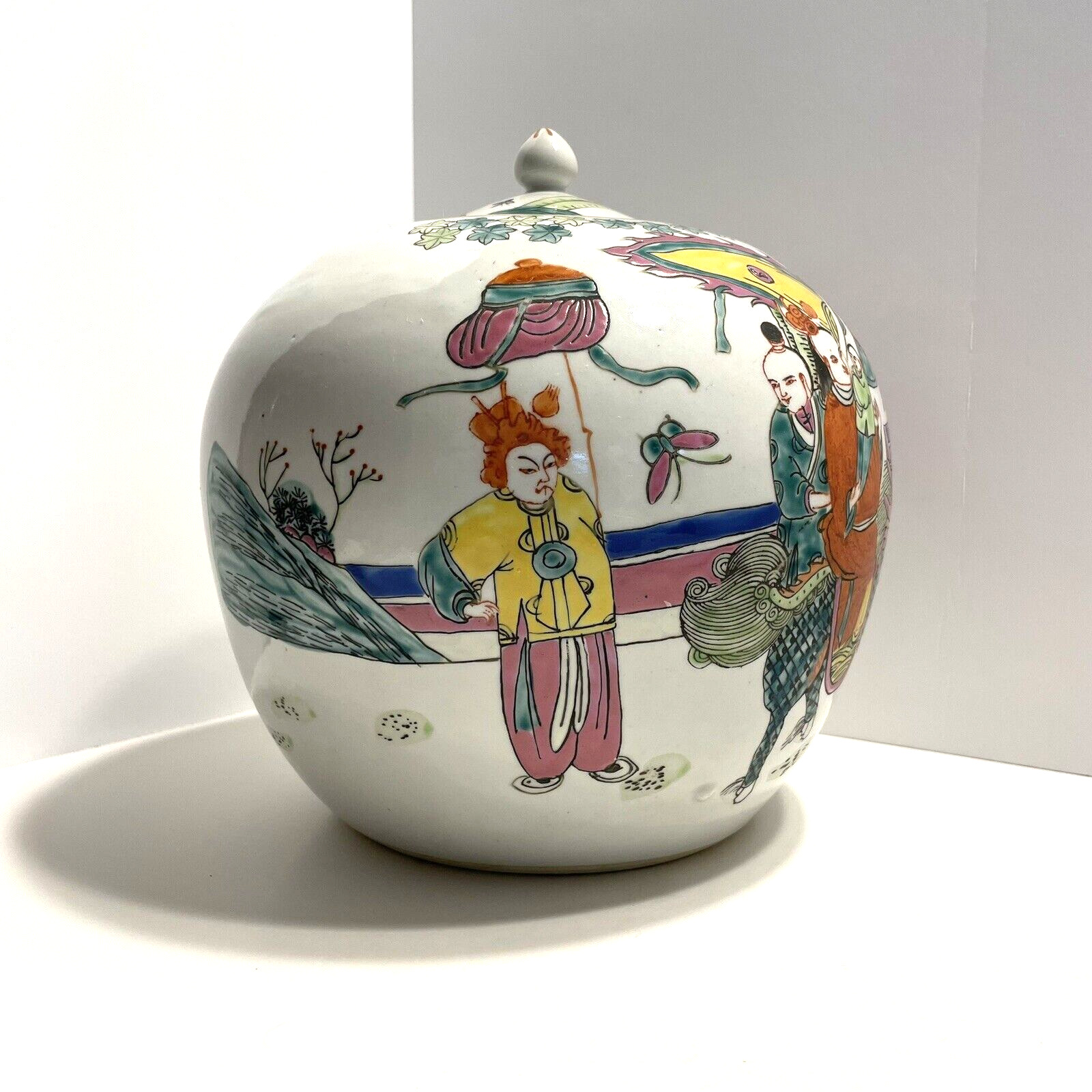 Vintage Ginger Jar with Lid White with Painted Characters in Parade 9\