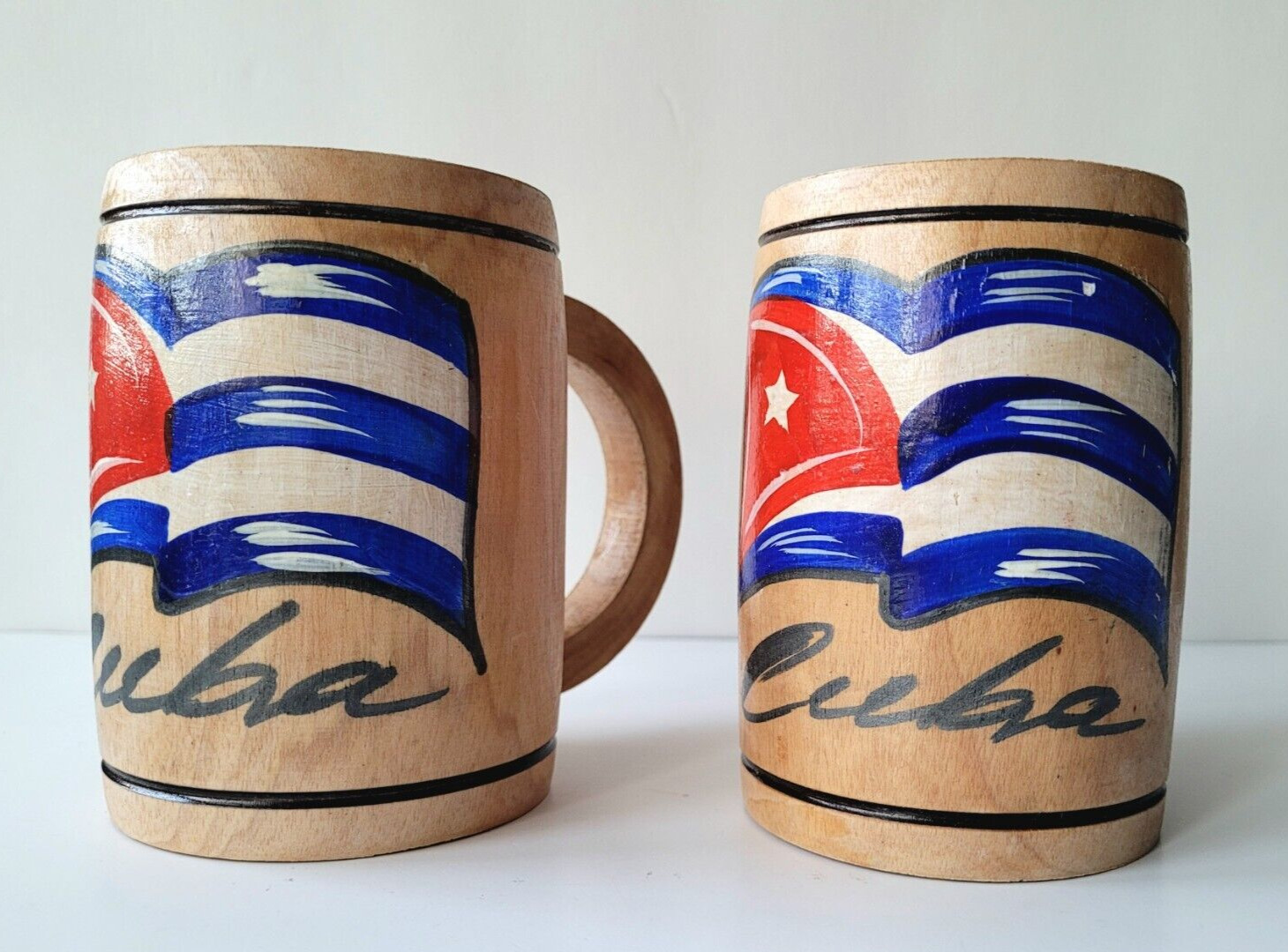 Cuba Libre Mugs Set 2 Wooden Bamboo Hand Painted Cuban Flag Tankards Carribean