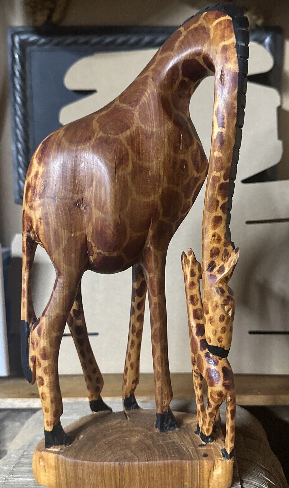 Vintage Mom Giraffe w/ Baby Hand Carved Wooden Figure - Crafted In Kenya 12”