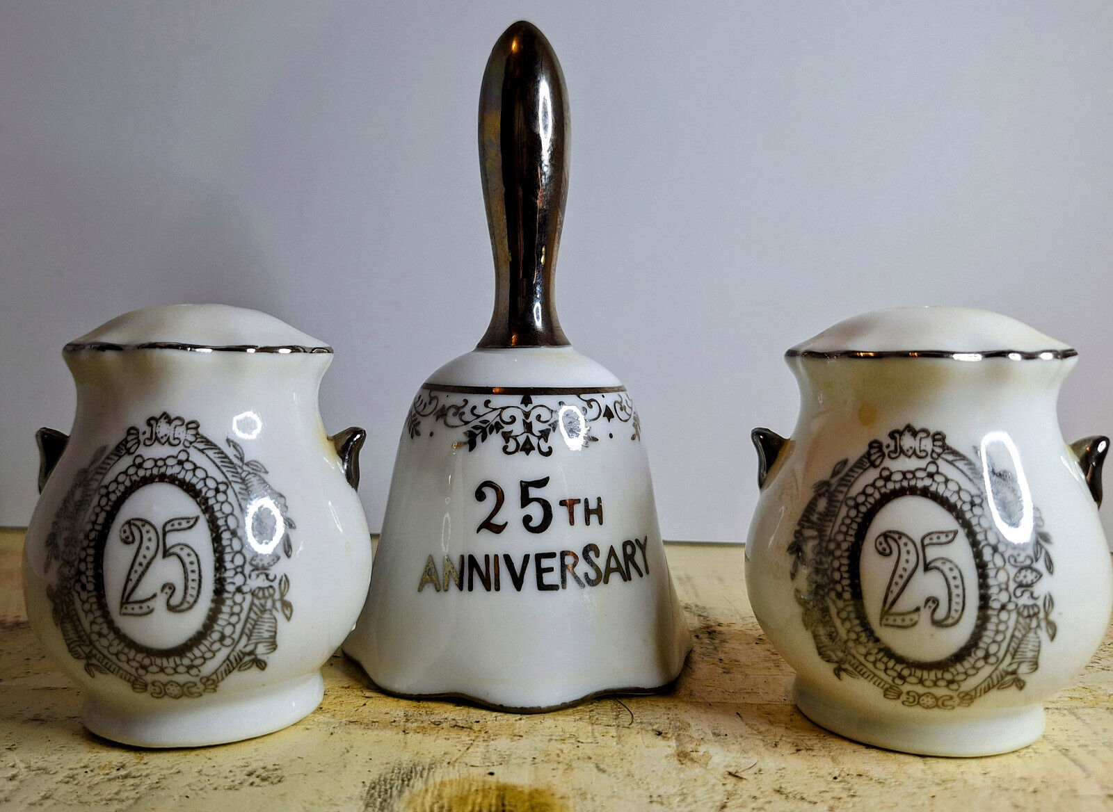 25th Year Silver Anniversary Bell and Salt Pepper Shakers VINTAGE