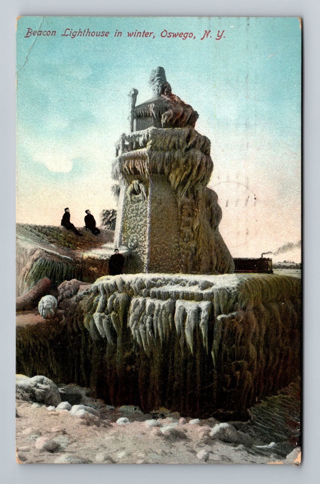 Oswego NY-New York, Beacon Lighthouse In Winter, c1912 Vintage Souvenir Postcard