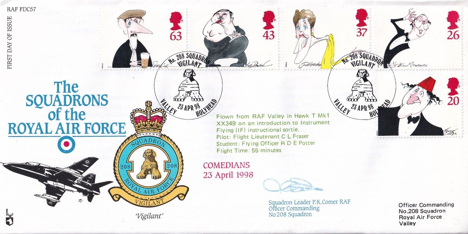 RAF FDC57 Set of Comedians Stamps Flown in Hawk  Signed Sqn Ldr P K Comer