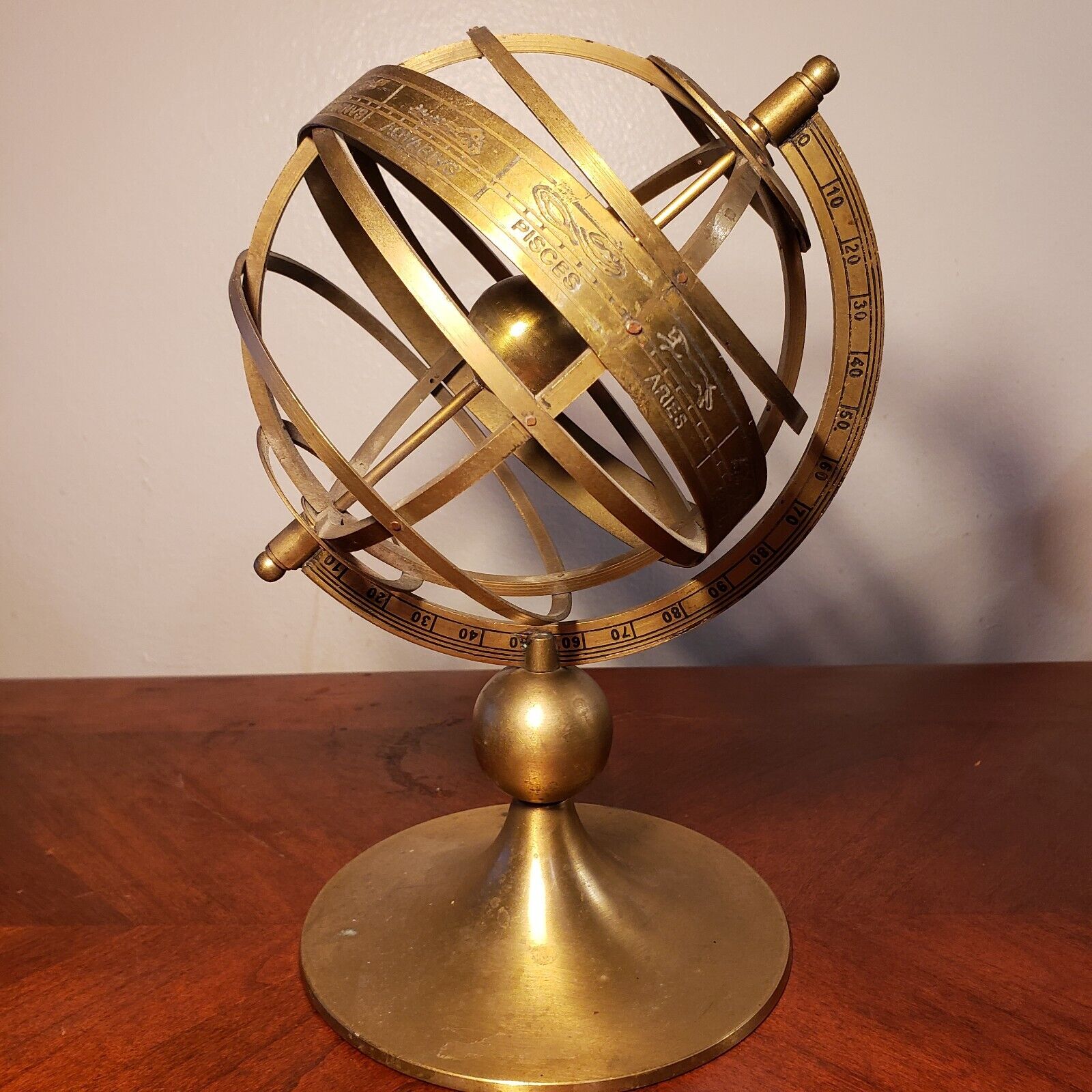 Vintage Heavy Solid Brass Zodiac Armillary Sphere 9.5 Inches Tall Spins Smoothly