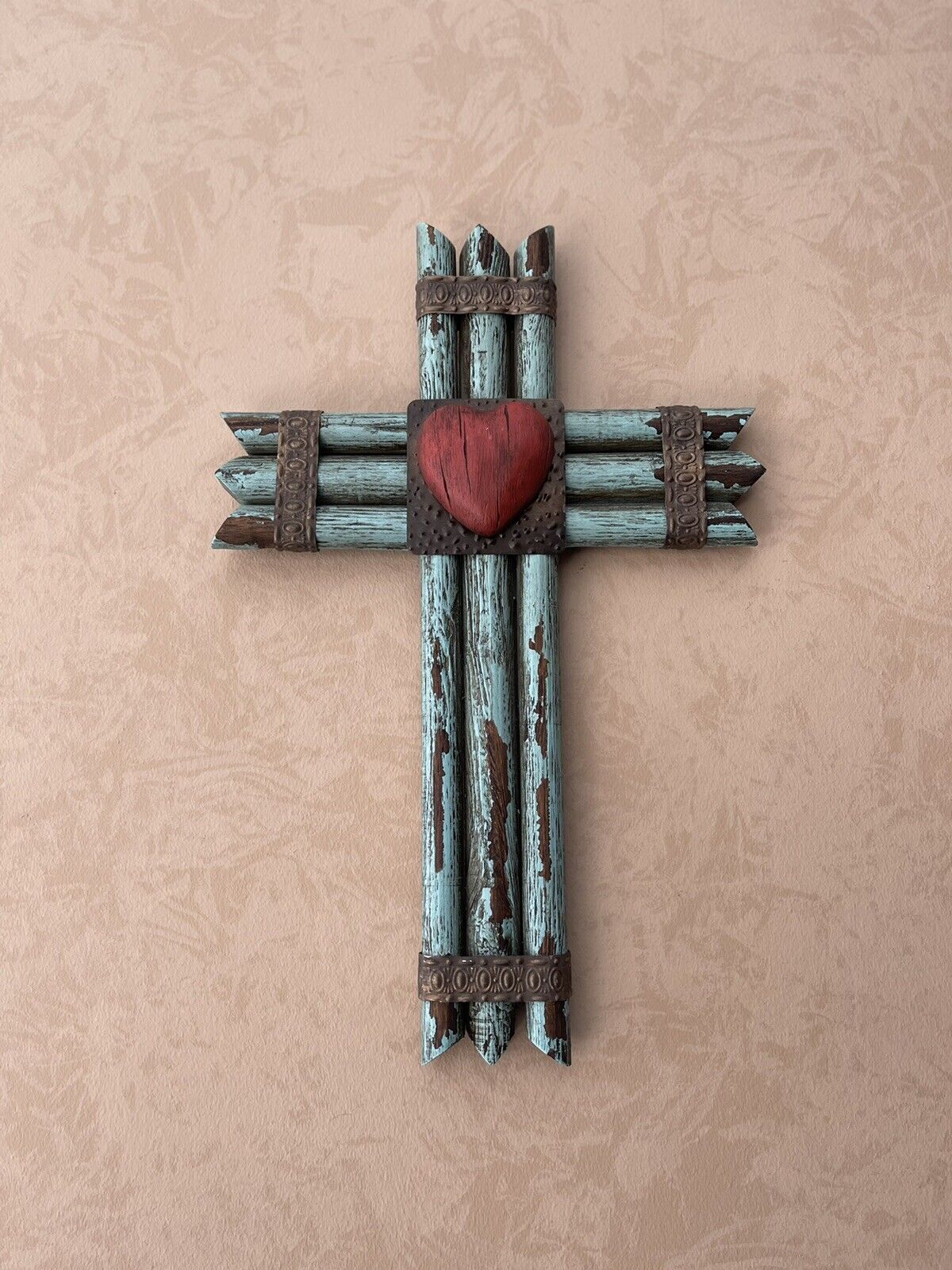 Turquoise Rustic Wood Log Wall Cross with Red Heart - Hand Embellished