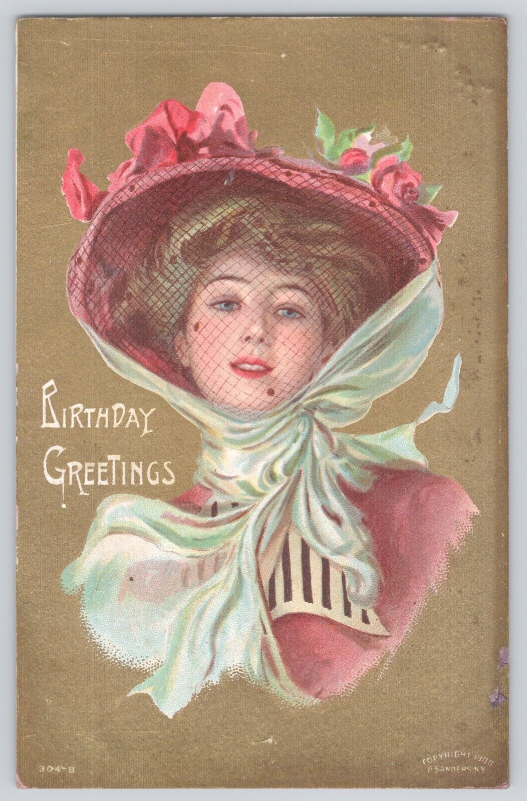 Postcard Birthday Greetings Beautiful Lady In Hat Flowers Vintage Antique 1908