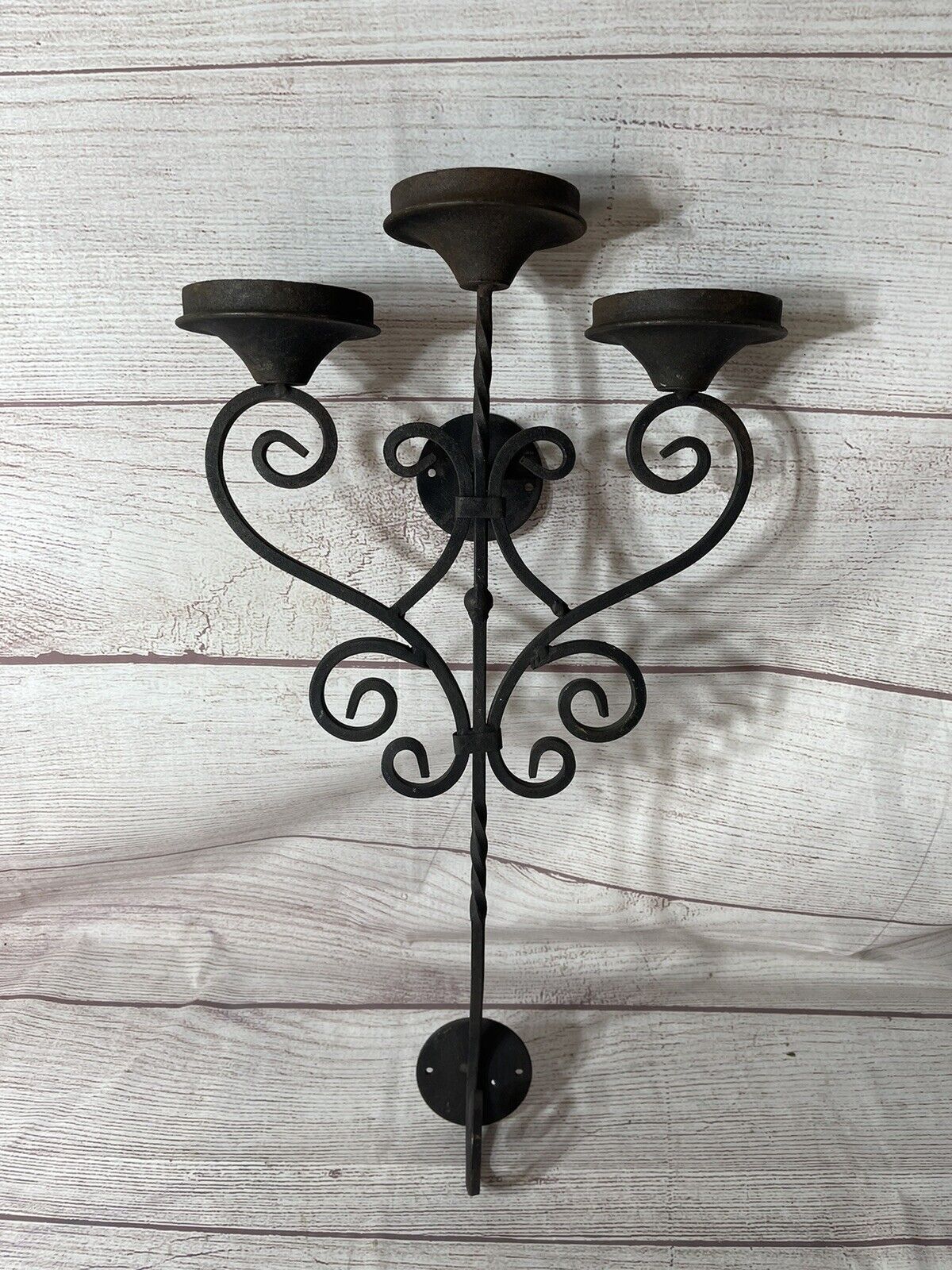 Vintage Cast Iron Ornate Wall Candle Holder Wrought Iron 3 Candle Holder