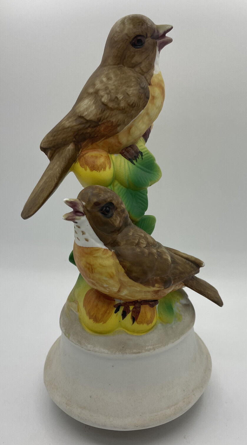 Vintage hand painted pair of robins on a branch music box Birds