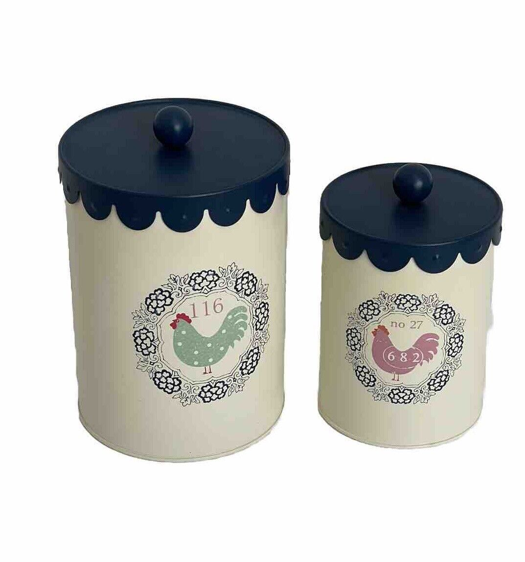 Vintage Matching Large & Small Tin Canisters Beige Navy Lid Chicken Farm Decor