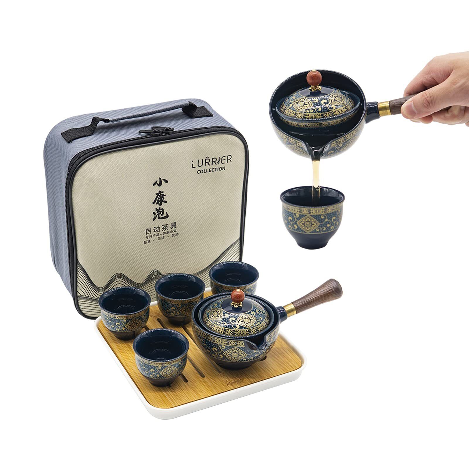 Porcelain Chinese Gongfu Tea Set,Portable Teapot Set with 360 Rotation Tea ma...