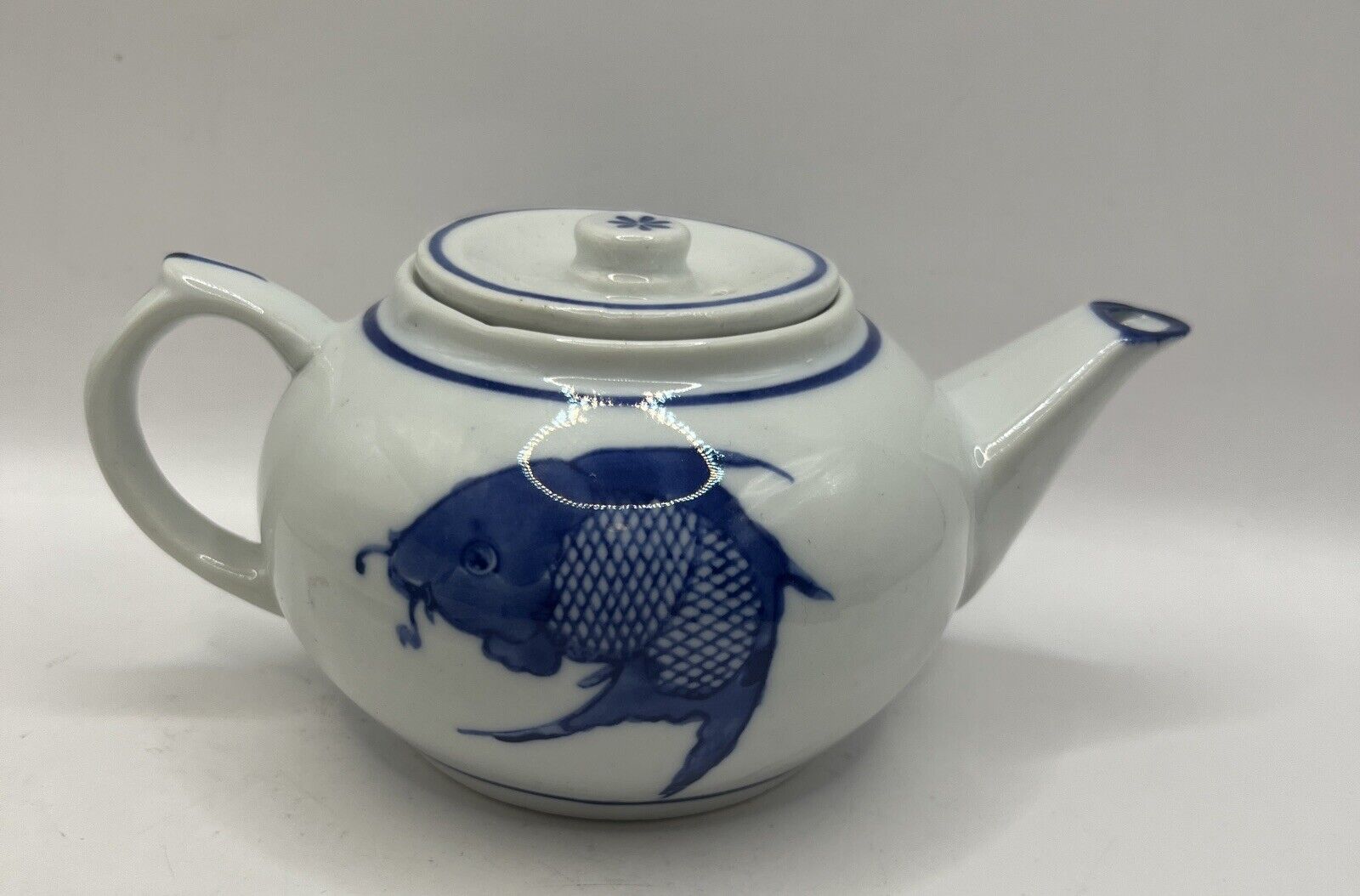 Vintage Asian Ceramic Teapot Blue Carp Koi Fish Small