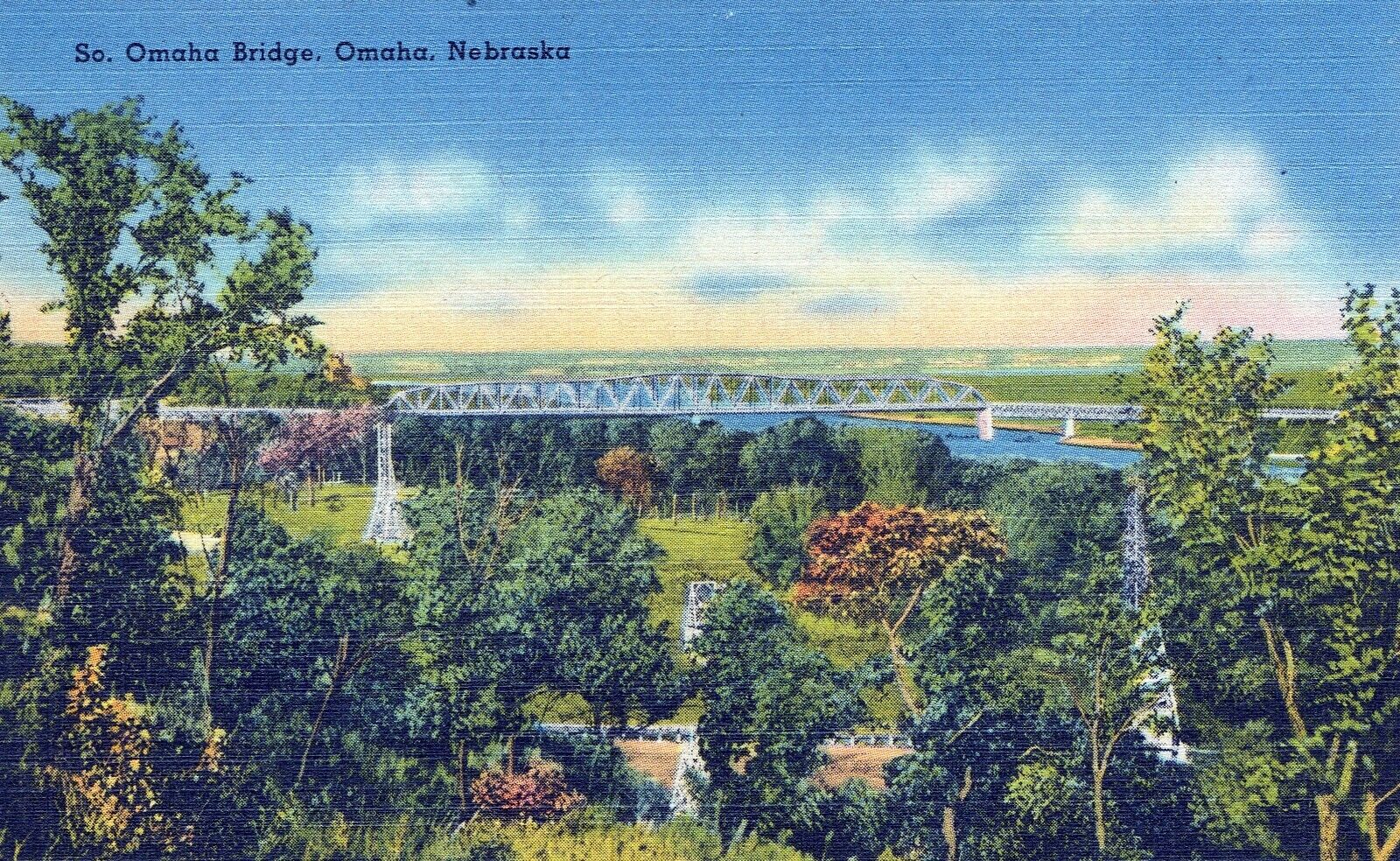 South Omaha Bridge Omaha Nebraska Linen UNP Postcard
